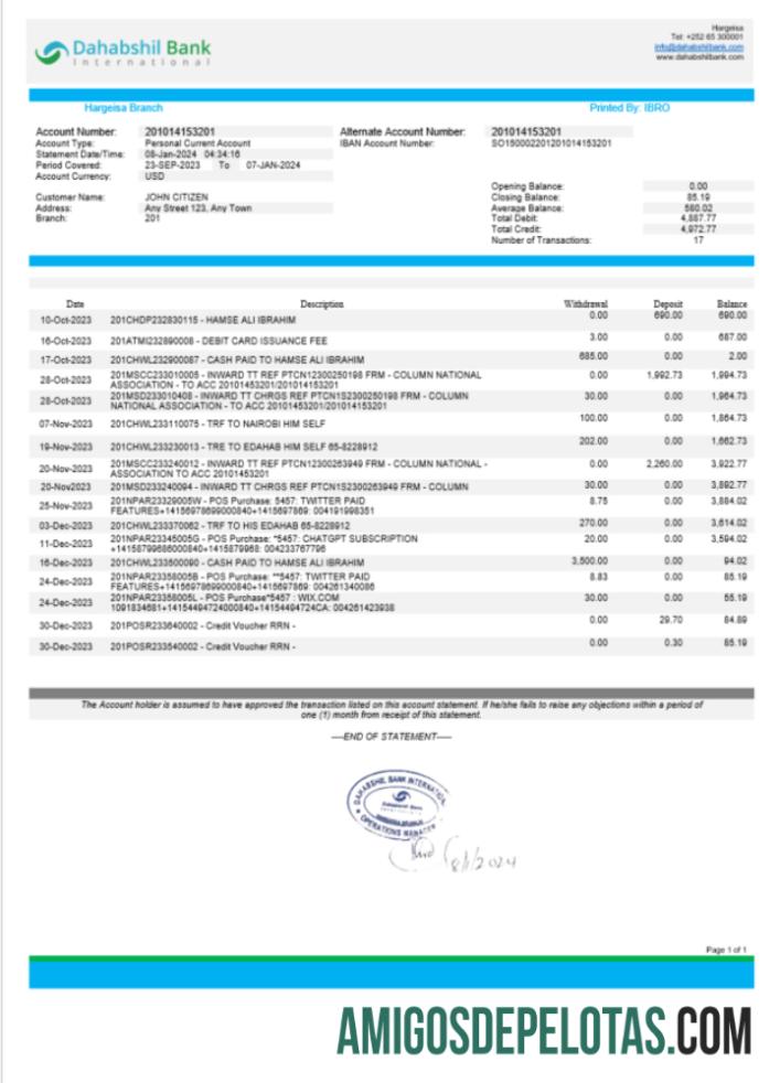 Modelo realista de extrato bancário internacional da Somália Dahabshil Bank em Word e PDF